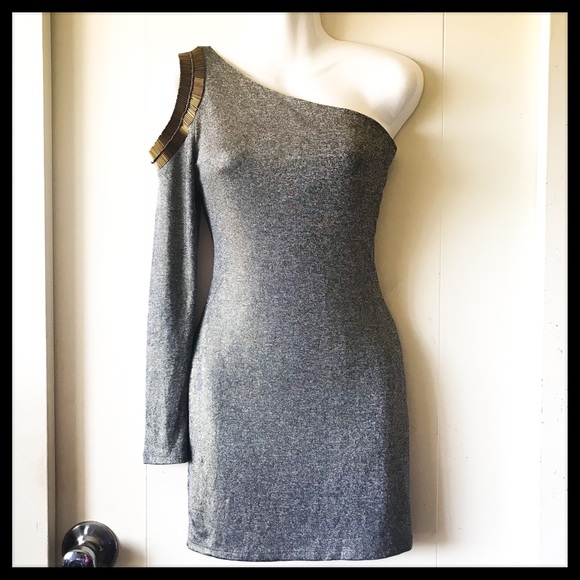 Gorgeous One Shoulder Silver Gold Mini Dress (S) - Picture 2 of 8